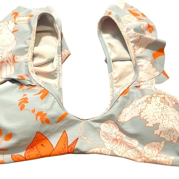 Bikini Top Light Blue White Orange Floral Birds Ruffle M - Picture 4 of 8